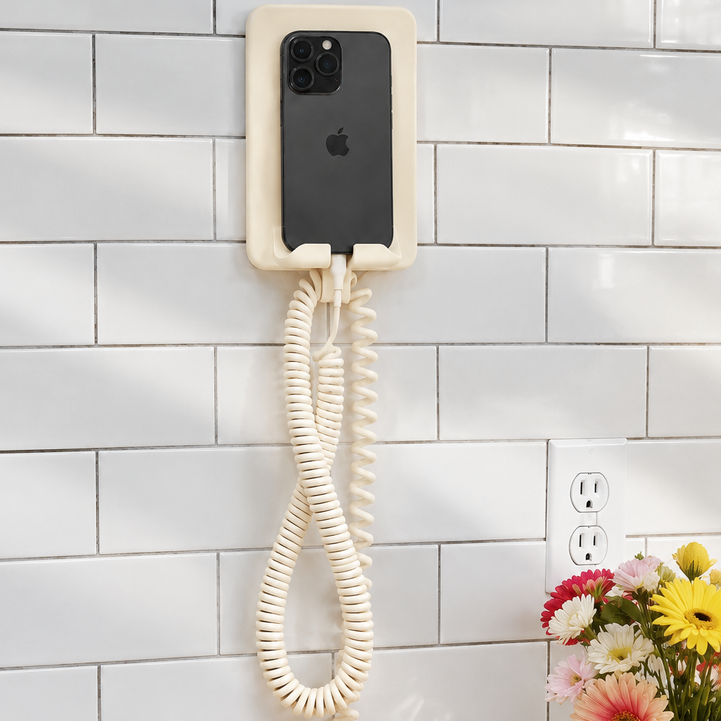 A wall-mounted cream-colored phone with a coiled cord and a black smartphone inserted into its cradle, mounted on a white subway tile wall above a wooden counter with flowers and a lemon.